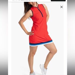 Kinona Red Sleeveless Dress with Blue Trim